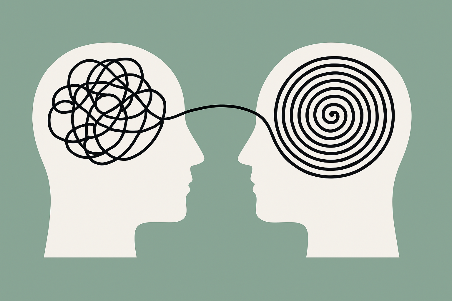 Deux profils humains reliés : pensée confuse à gauche, pensée claire à droite, sur fond vert.