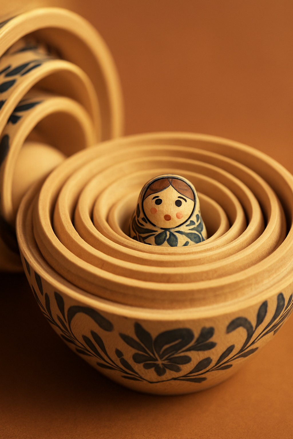 Une poupée russe (matriochka) en bois, ouverte pour révéler ses différentes tailles imbriquées les unes dans les autres.