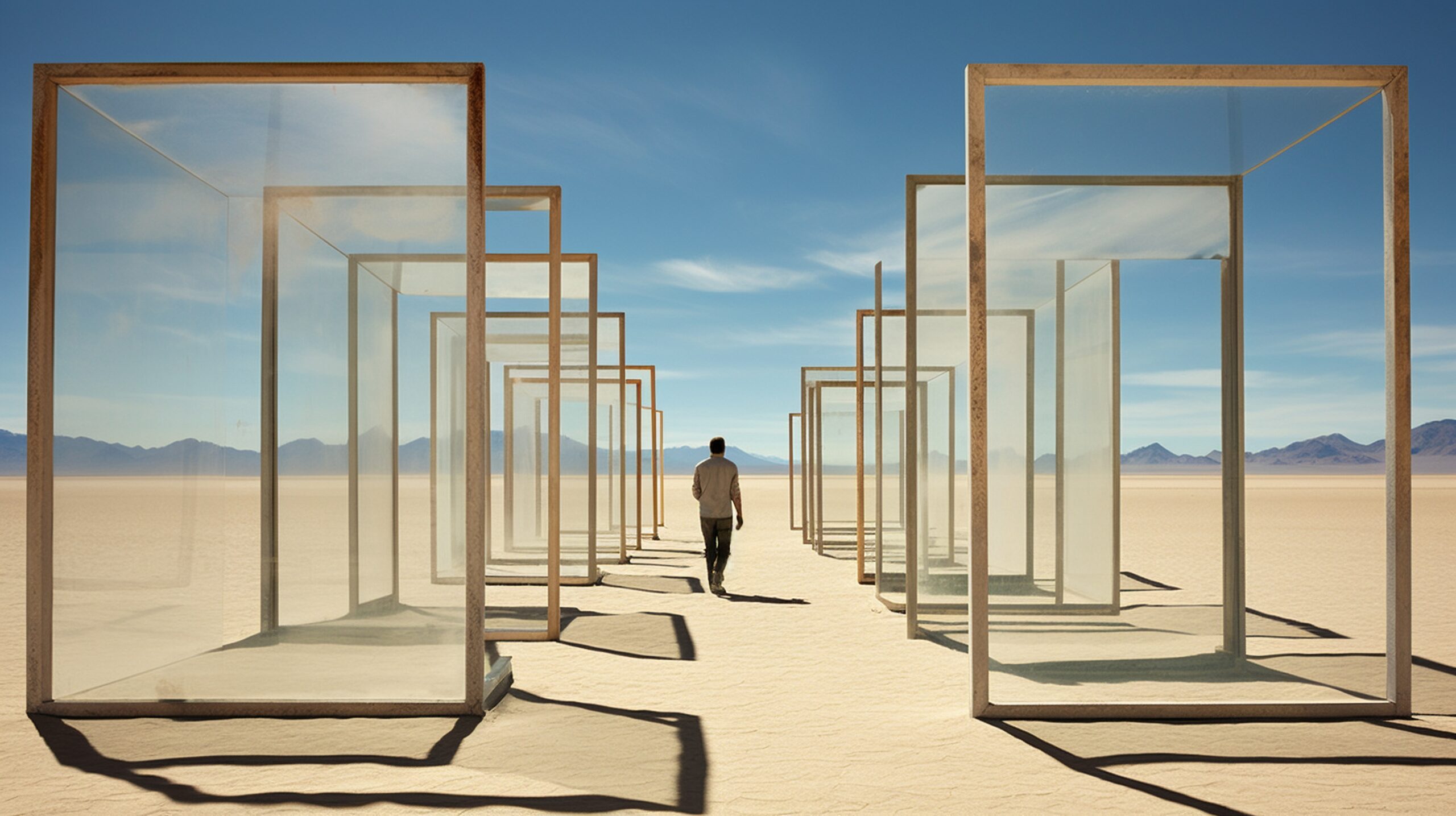 Une personne avance entre une succession de cadres transparents alignés, comme autant de passages symbolisant les étapes d’une vie. Chaque cadre évoque un moment, un souvenir, une trace du temps qui s’écoule. L’ensemble compose une ligne du temps visuelle où passé, présent et avenir se mêlent dans une même continuité.