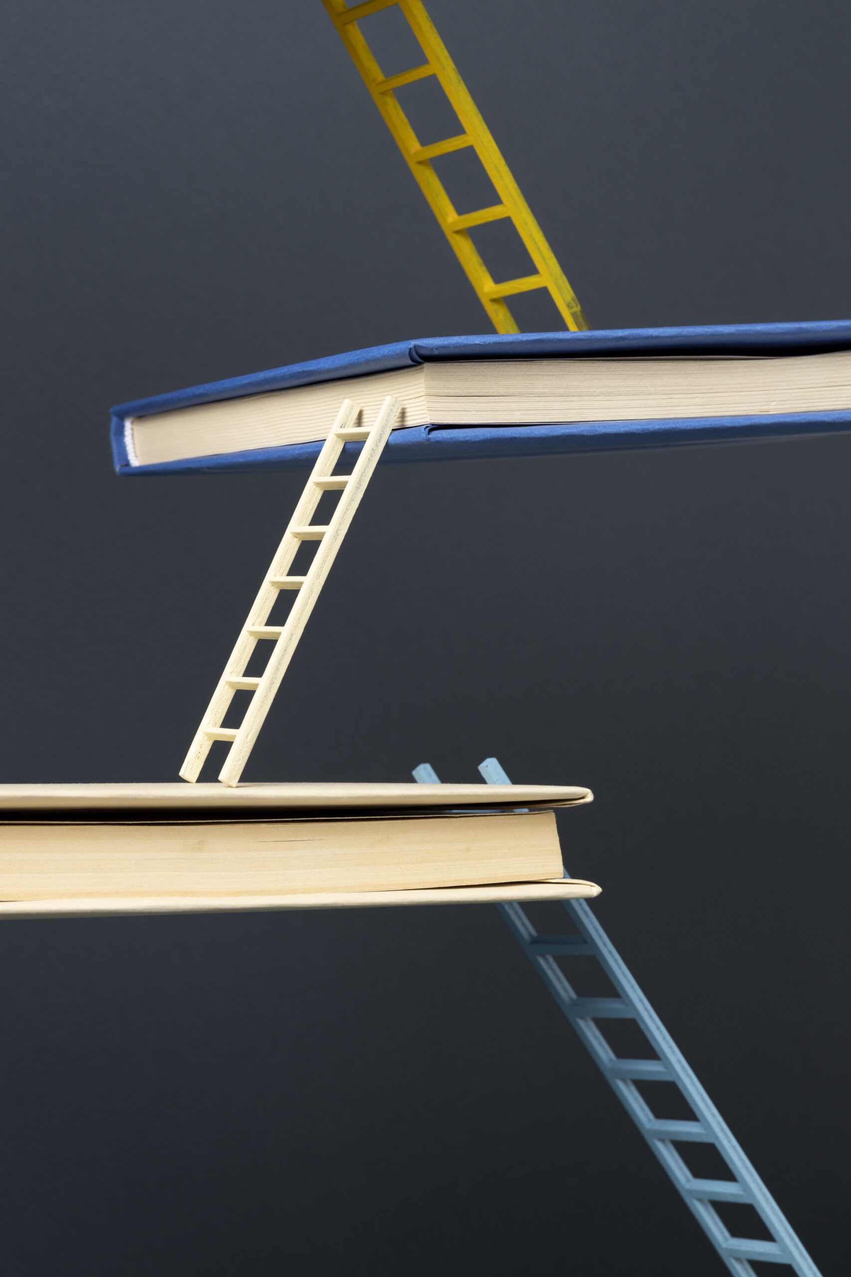Livres flottants reliés par des échelles pour symboliser un parcours universitaire