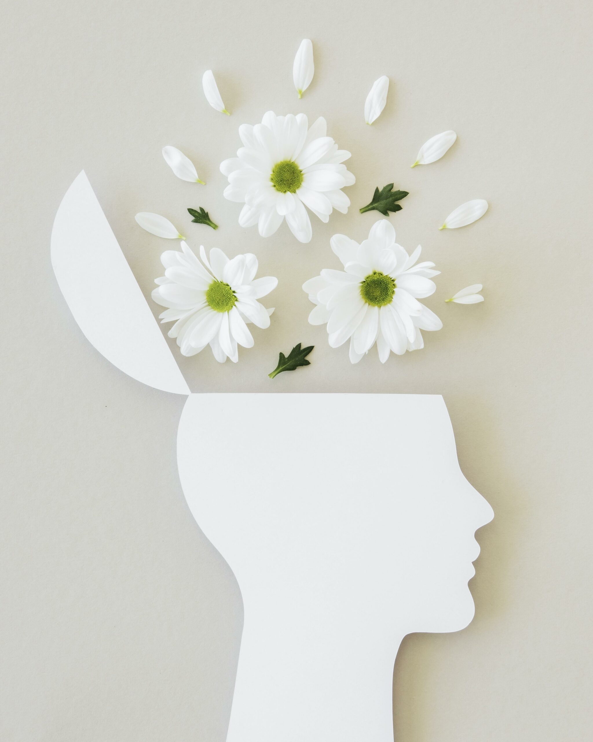 Silhouette blanche d’un profil humain avec des fleurs blanches qui s’épanouissent de la tête, symbolisant la croissance intérieure, la guérison et le bien-être mental.